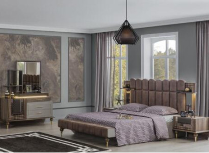Double bed Suite Luxury Bedroom Wood Brown Fabric Bed Set 4pcs